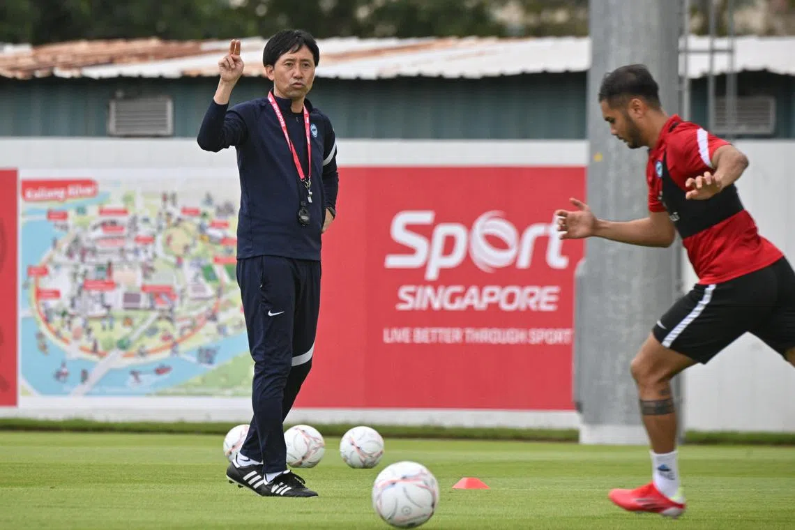 Lions coach Takayuki Nishigaya during the national football team's training session at Kallang Football Hub on Wednesday. 