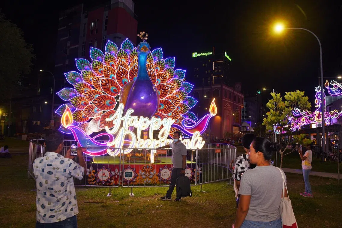 Peacocks are associated with some Hindu gods who are often depicted with them, or as adorning their feathers. The birds are believed to bring prosperity. This large peacock was featured in the 2022 light-up.