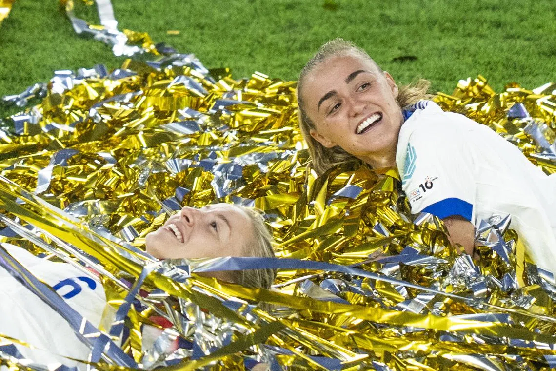 England's Leah Williamson (left) and Georgia Stanway celebrating with the confetti after winning the UEFA Women's EURO 2025 final soccer match between England and Spain, in Basel, Switzerland, on July 27, 2025.  