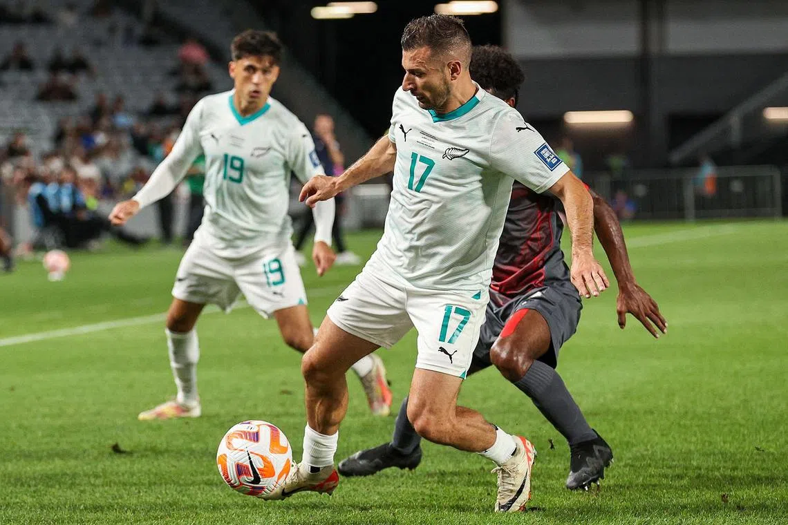 New Zealand’s Kosta Barbarouses on the ball in the World Cup Oceania qualifier against New Caledonia at Eden Park in Auckland on March 24, 2025. The All Whites booked their 2026 ticket with a 3-0 win.