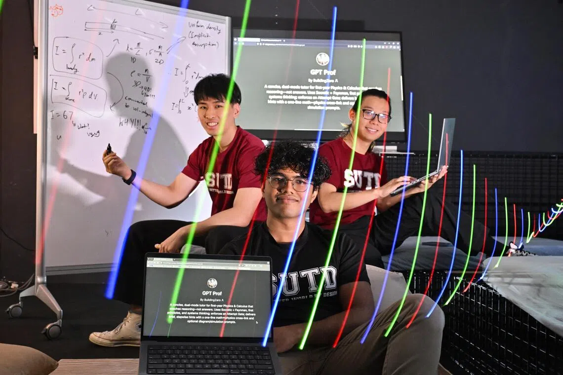 (From left) Mr Chen Liang Jung, 22, Mr Anieyrudh R, 22, and Mr Joshua Cheng, 23, all undergraduates, showcasing the GPTProf app that acts as a "professor in a pocket". 