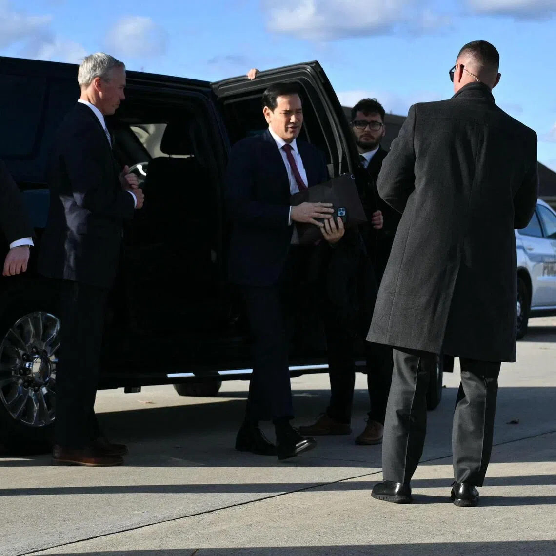US Secretary of State Marco Rubio arriving to board a flight to Canada on Nov 11 for the G-7 foreign ministers' meeting.