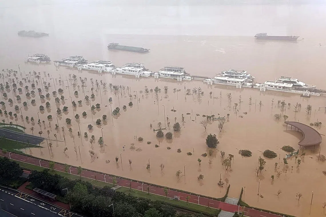 A submerged street after heavy rains in Qingyuan City, in China’s southern Guangdong province, on April 22, 2024. 