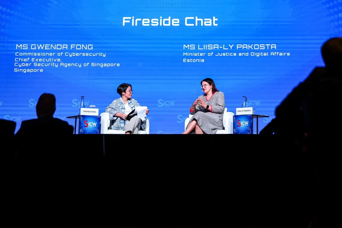 (From left) Cyber Security Agency of Singapore chief executive Gwenda Fong moderating the fireside chat featuring Estonia’s minister of Justice and Digital Affairs Liisa-Ly Pakosta at the Singapore International Cyber Week Summit at Marina Bay Sands Expo and Convention Centre on Oct 12. 