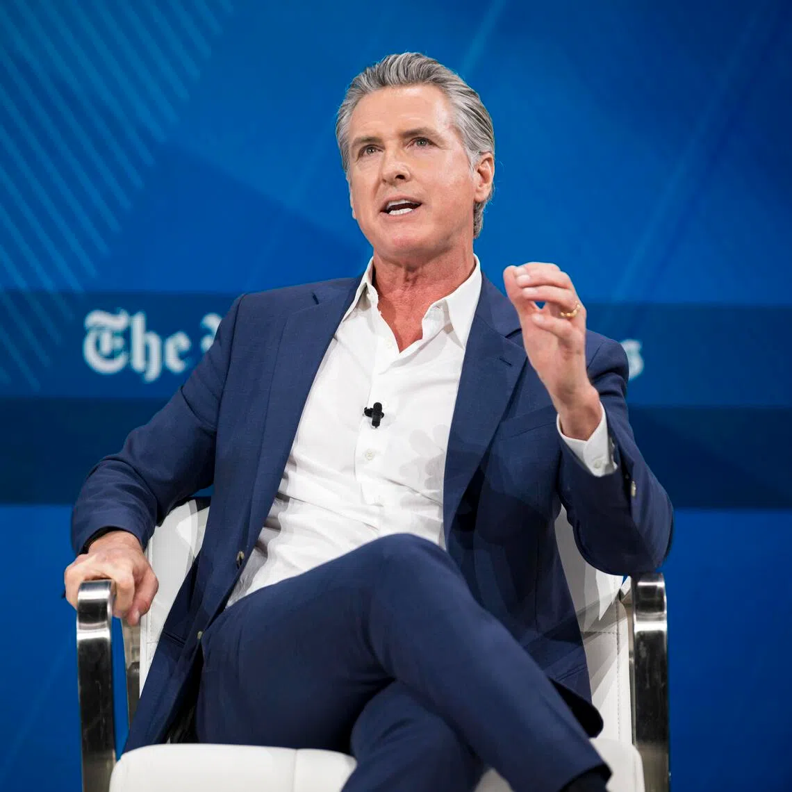 Governor Gavin Newsom of California speaks during a conversation with Andrew Ross Sorkin at the DealBook Summit in New York, on Wednesday, Dec. 3, 2025. Newsom of California has spoken out against a proposed wealth tax, and is raising money for a committee to oppose it. (Karsten Moran/The New York Times)