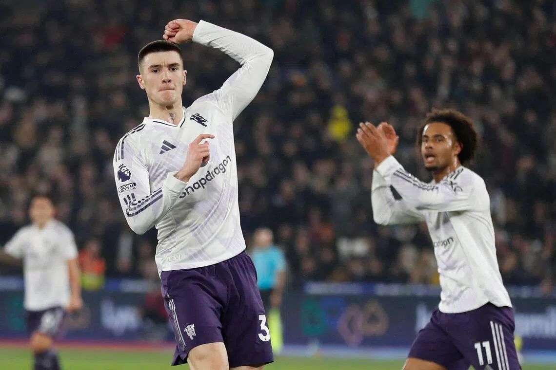 Manchester United's Benjamin Sesko (left) celebrates after scoring his 96th-minute equaliser against West Ham on Feb 10.