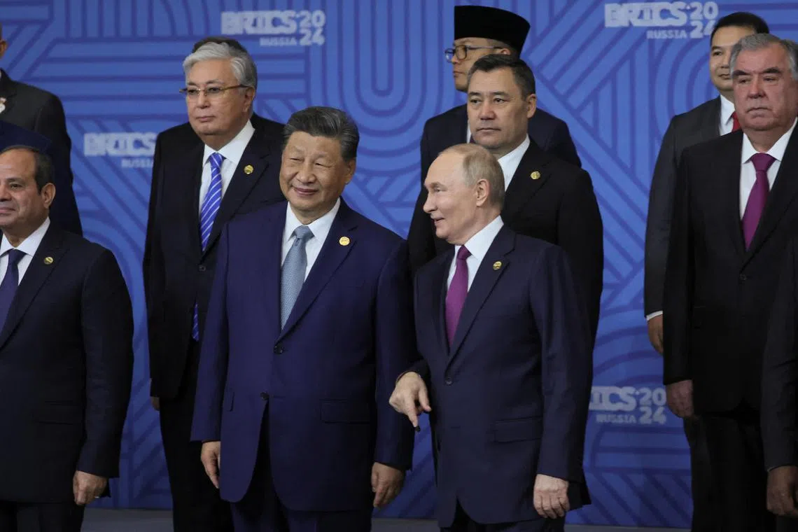 Brics leaders in Kazan, Russia, in October 2024, including Russian President Vladimir Putin (centre, right) and Chinese President Xi Jinping (centre left).