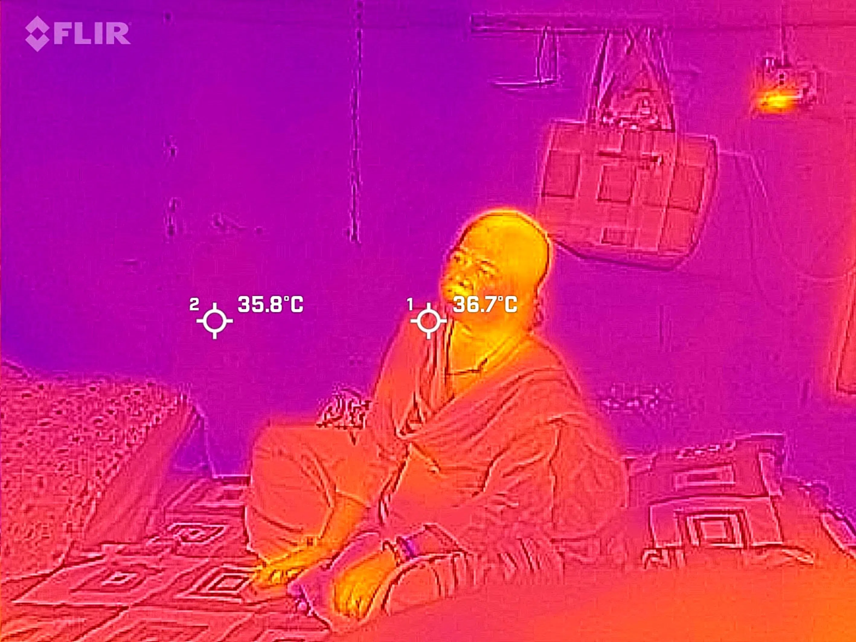 A shot of the inside of Durga Devi’s one-room flat taken using a thermal imaging camera. This one was taken at 11:30 pm on June 21, with temperatures inside still in their high 30s.