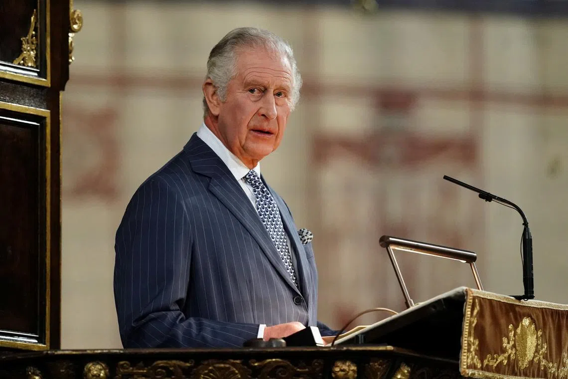Britain's King Charles speaks at the annual Commonwealth Day Service on March 13, 2023.