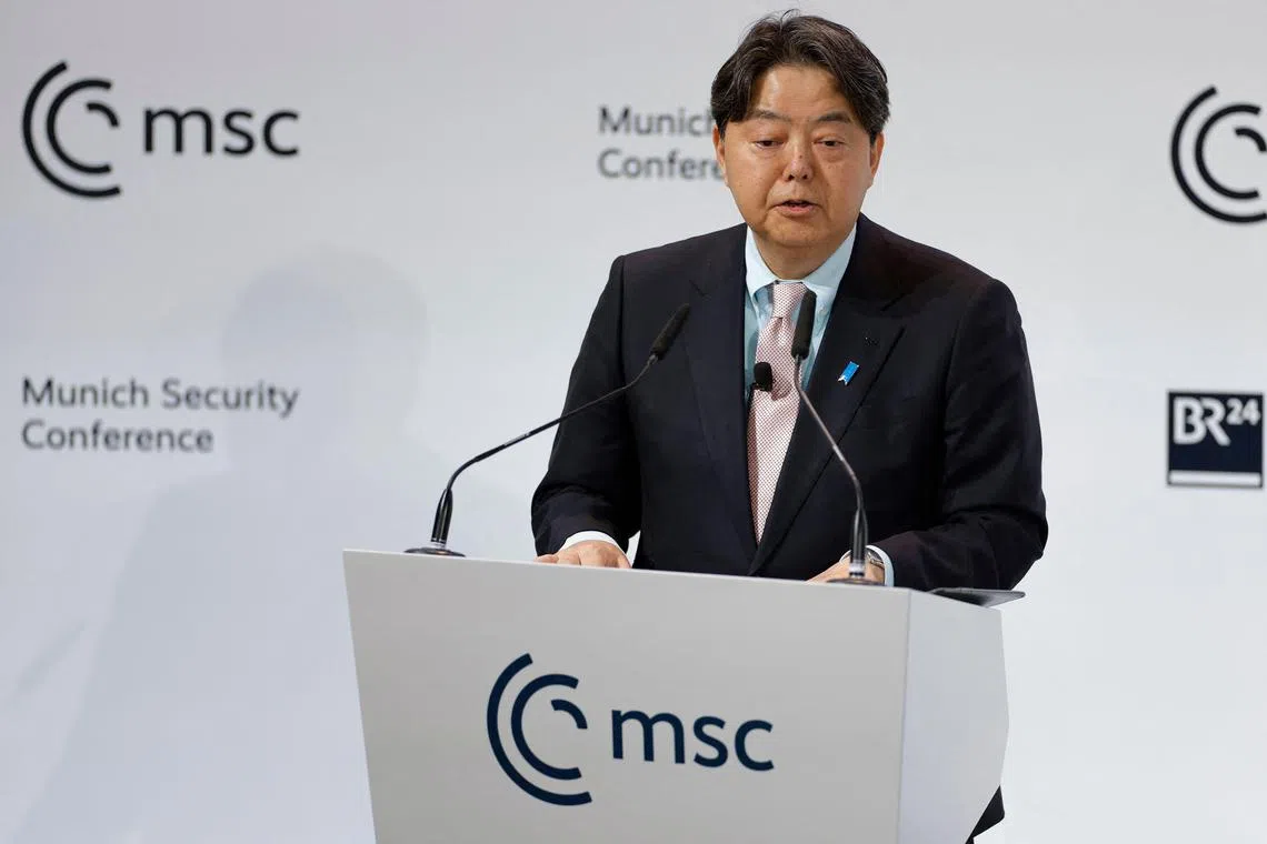 Japan's Foreign Minister Yoshimasa Hayashi delivers a speech at the Munich Security Conference.