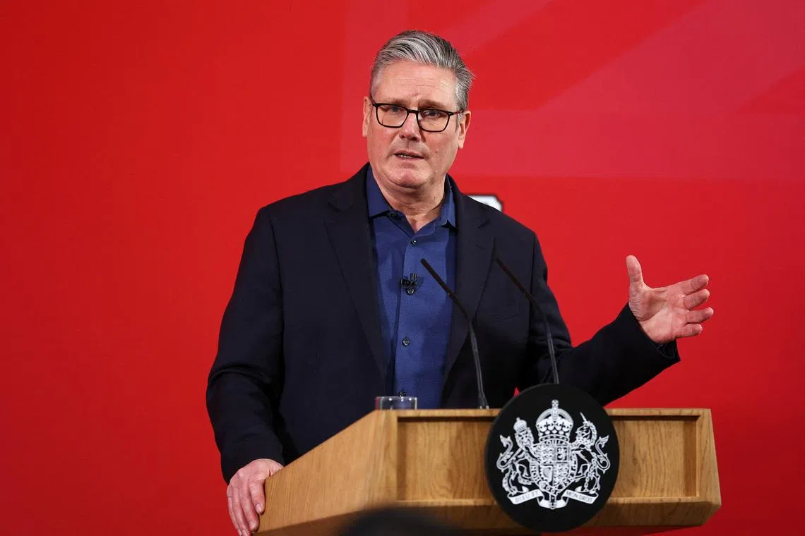 British Prime Minister Keir Starmer delivers a speech at Horntye Park Sports Complex in St Leonards, Britain, February 05, 2026. Peter Nicholls/Pool via REUTERS