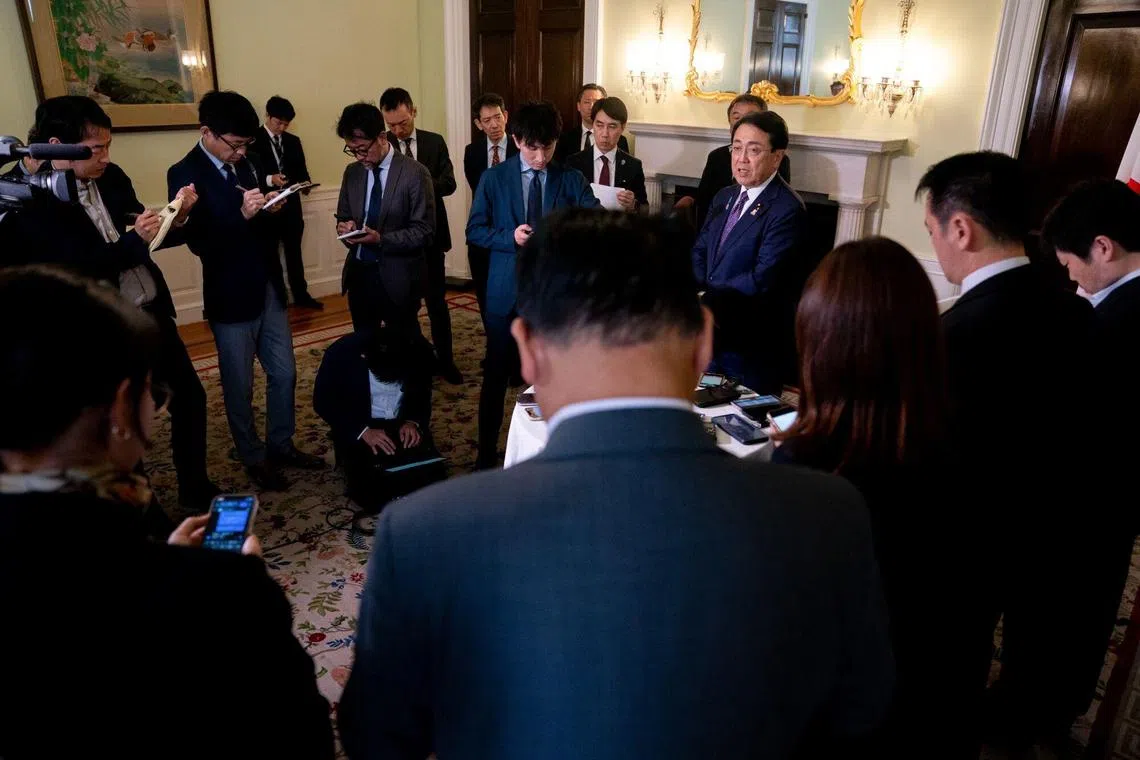 Mr Ryosei Akazawa (third from right) briefing members of the media at the Japanese embassy in Washington, on May 30, after his talks with US Treasury Secretary Scott Bessent and US Commerce Secretary Howard Lutnick.