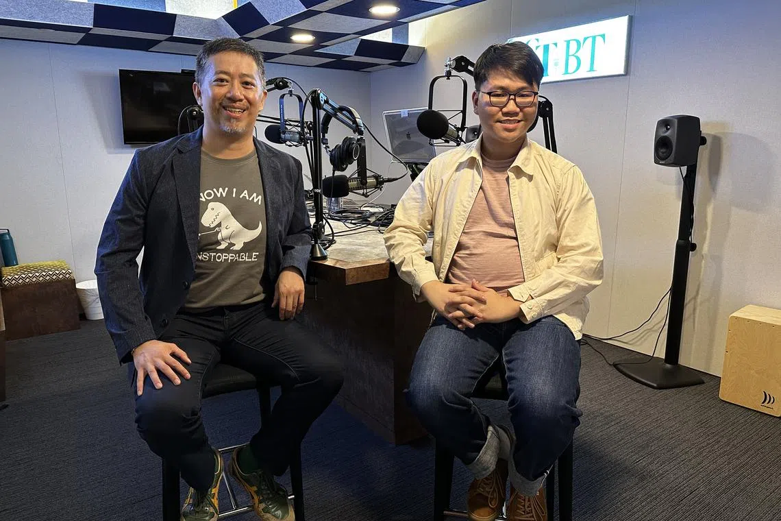(From left) Mr Huang Wen, Asia-Pacific chief technology officer for information technology consultancy SoftServe, and host Tay Hong Yi in the podcast studio.