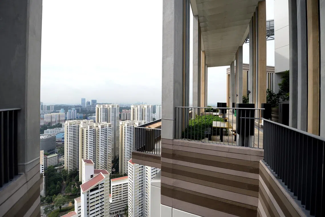 The view from a sky garden at the Housing Board project SkyVille @ Dawson at Dawson Road in Queenstown. Under a “Sky Village” concept, each cluster of 80 homes in the housing estate shares a high-rise sky garden where residents can relax and mingle.