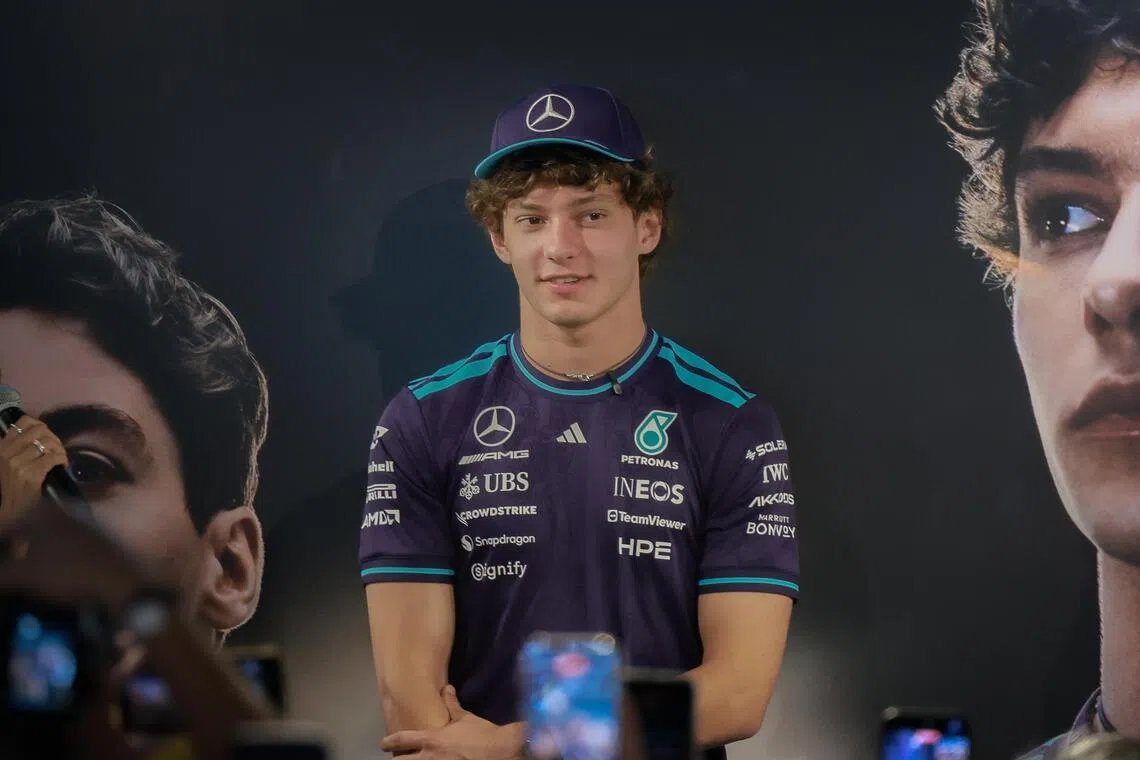Mercedes Formula One drivers George Russell (not in picture) and Kimi Antonelli take part in a fan meet-and-greet at the Adidas Brand Centre Orchard on Oct 8.