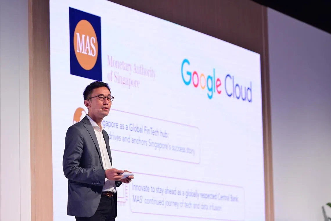Mr Vincent Loy, assistant managing director of the technology group at the Monetary of Singapore, presenting a keynote at the Google Cloud Summit Singapore on May 31. 