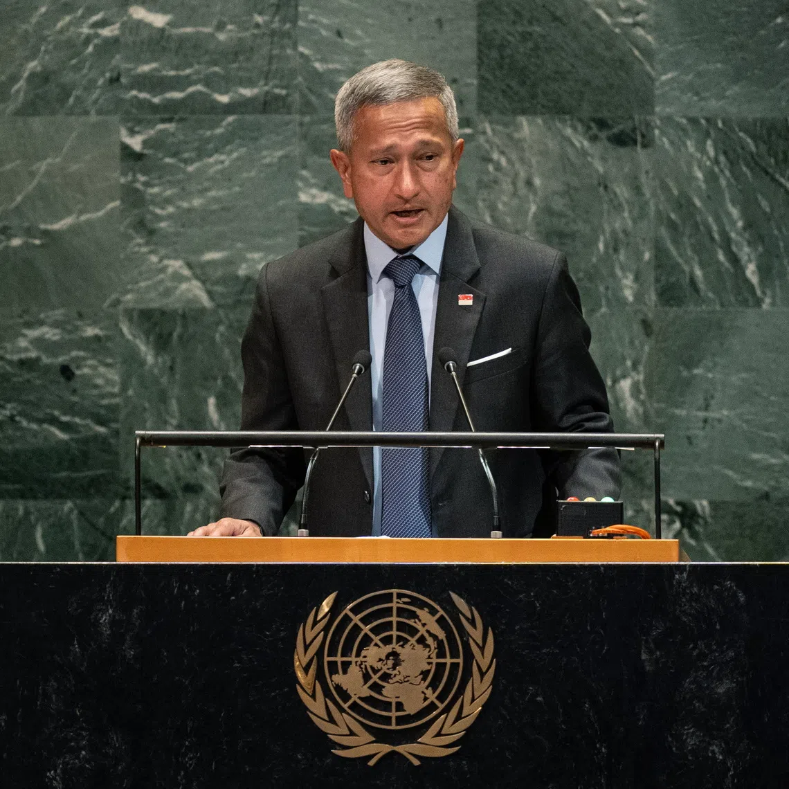 Foreign Minister Vivian Balakrishnan speaks during the General Debate of the 80th session of the United Nations General Assembly at United Nations headquarters in New York, on Sept 27.