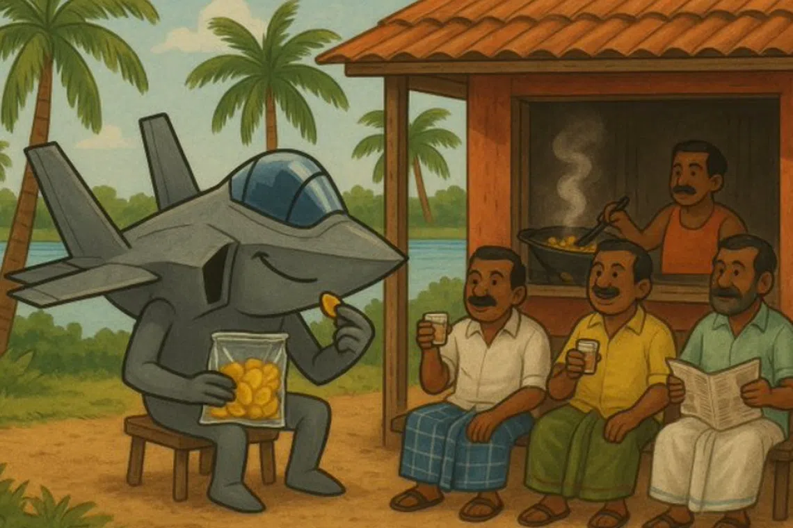 An X post from The ChalaToka has an anthropomorphised F-35 eating banana chips with three men who were having palm wine.
