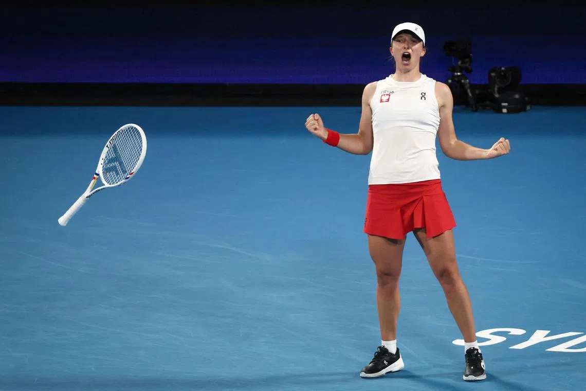 Poland’s Iga Swiatek celebrating after defeating Britain’s Katie Boulter in their women's singles match at the United Cup tennis tournament at Ken Rosewall Arena in Sydney on Jan 2.