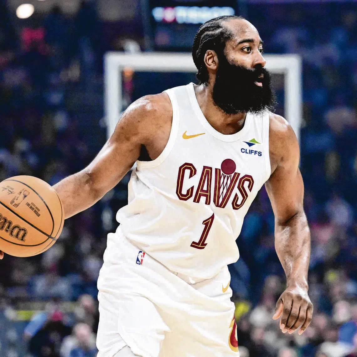 Cleveland Cavaliers guard James Harden brings the ball up court against the Philadelphia 76ers during the second half at Rocket Arena.
