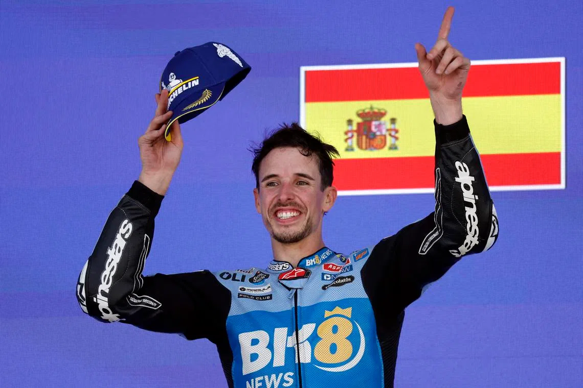 MotoGP - Spanish Grand Prix - Circuito de Jerez, Jerez, Spain - April 26, 2026 BK8 Gresini Racing MotoGP's Alex Marquez celebrates on the podium after winning the MotoGP race REUTERS/Jon Nazca