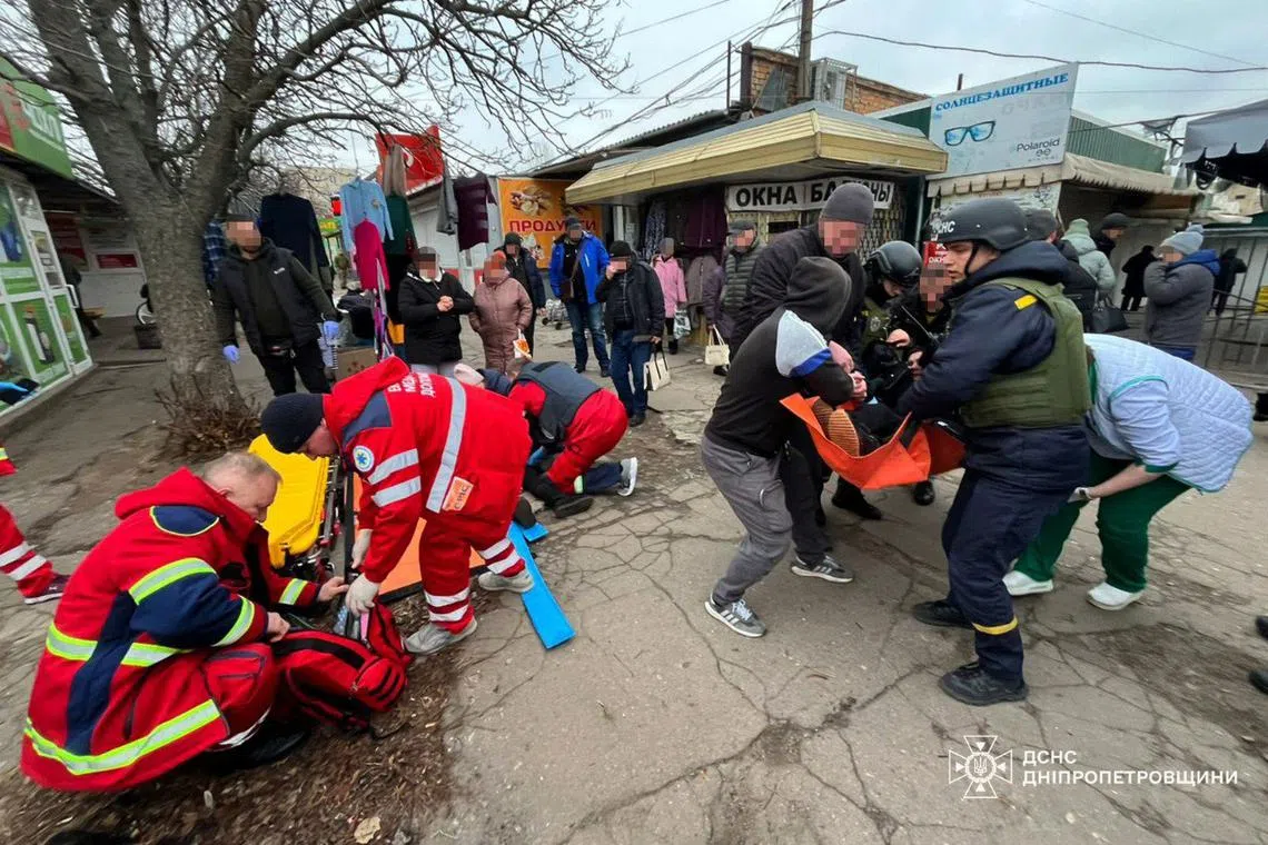 Russia's attack on a market in the Ukrainian town of Nikopol injured eight people.