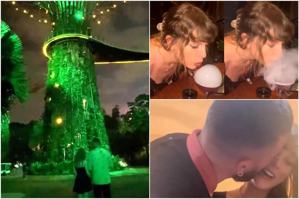 Taylor Swift at Gardens by the Bay with her boyfriend Travis Kelce, sipping cocktails at what looked to be Koma Singapore, and receiving a peck on the cheek from Kelce.