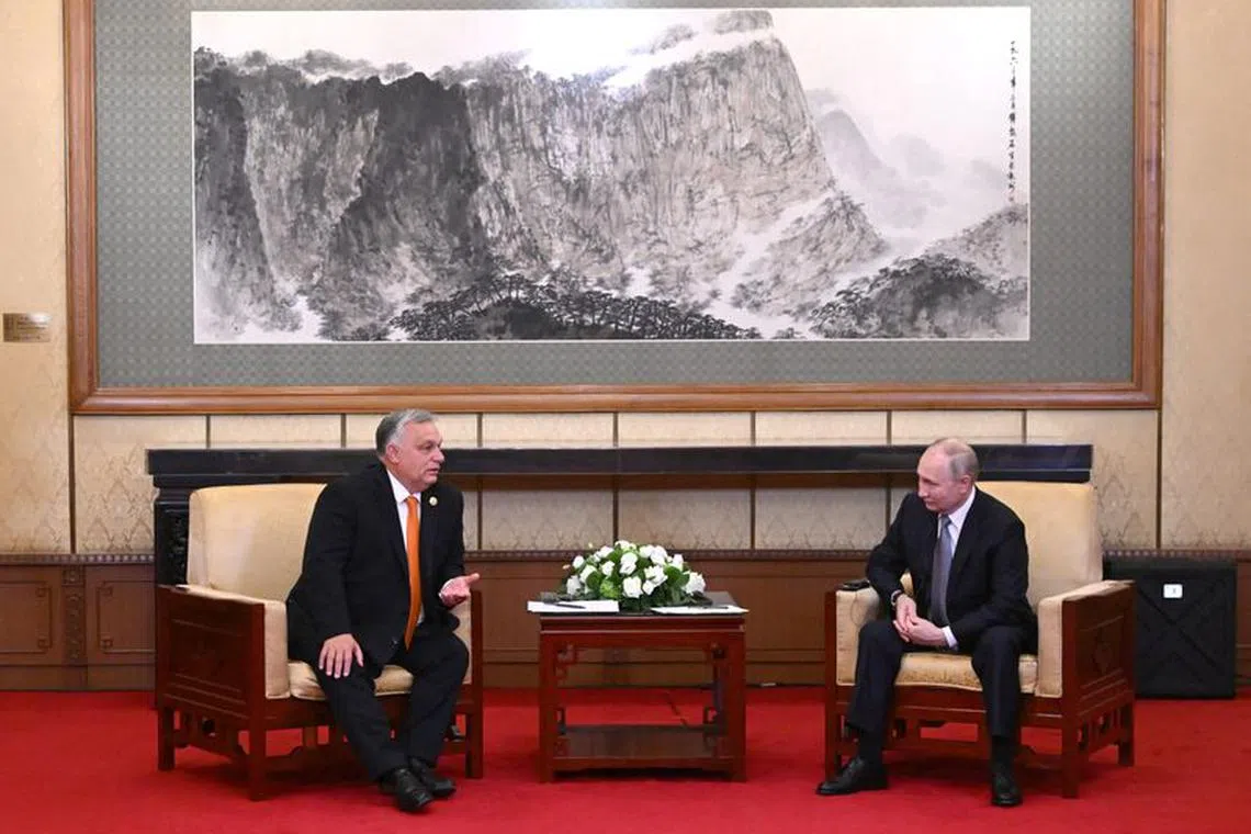 Russian President Vladimir Putin attends a meeting with Hungarian Prime Minister Viktor Orban ahead of the Belt and Road Forum in Beijing, China, October 17, 2023. Sputnik/Grigory Sysoyev/Pool via REUTERS