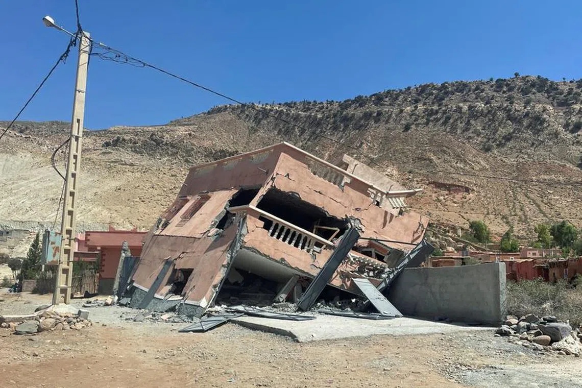 A view shows a damaged building on the road between Amizmiz and Ouirgane, following a powerful earthquake in Morocco, September 9, 2023. REUTERS/Ahmed El Jechtimi