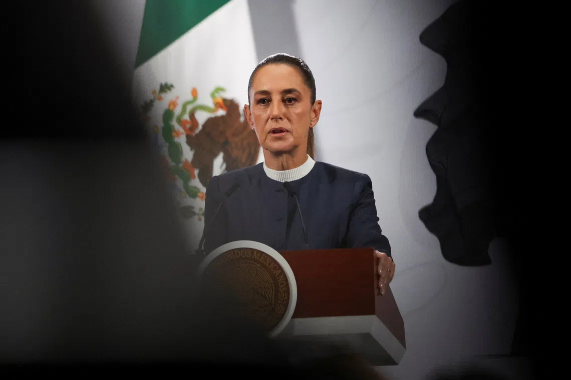 Mexico's President Claudia Sheinbaum speaks to the media during a press conference at the National Palace in Mexico City, Mexico, November 3, 2025. REUTERS/Henry Romero