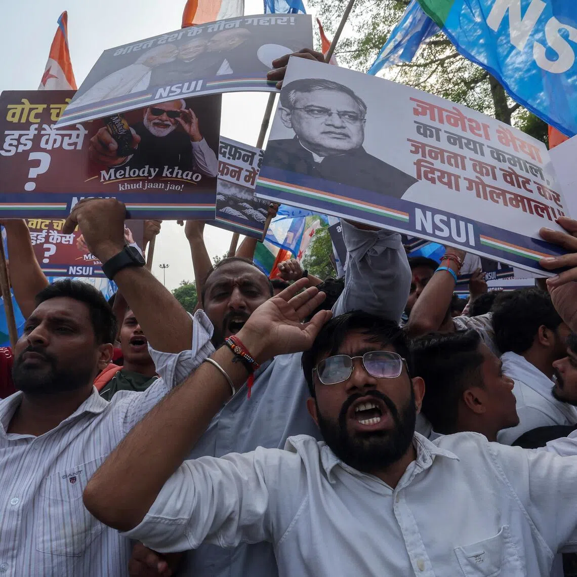 Members of National Students’ Union of India take part in a protest demanding the resignation of Chief Election Commissioner Gyanesh Kumar at in New Delhi, on Oct 13.