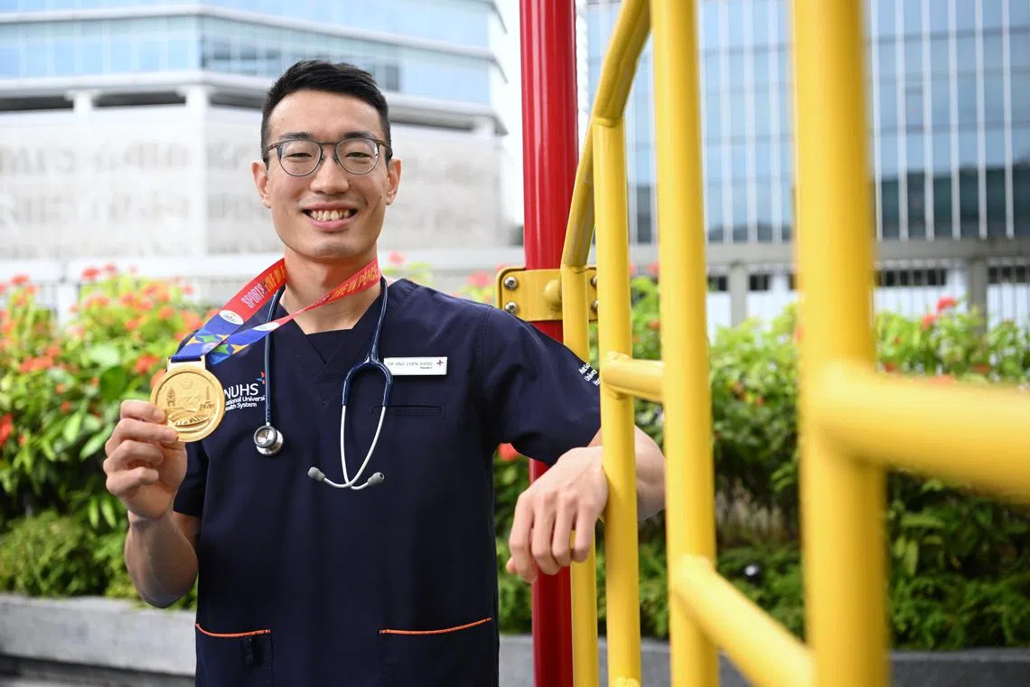National hurdler Ang Chen Xiang, who won gold in the men's 110m hurdles at the Cambodia SEA Games, is a resident at the paediatric dept of the NUH Khoo Teck Puat - National University Children’s Medical Institute. 