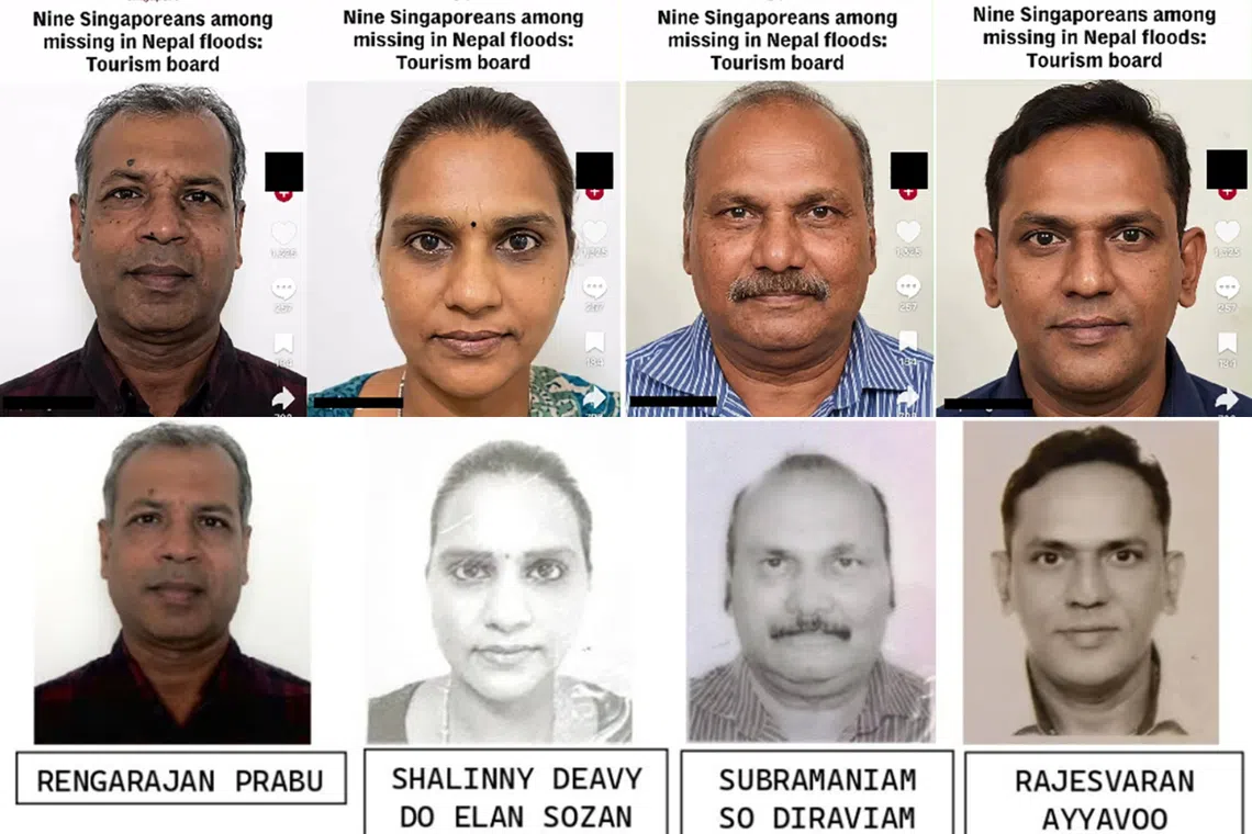 (Top row) AI-generated images of four Singaporeans missing in Nepal have been shared online. A travel agency uploaded photos (bottom row) of four Singaporeans missing in Nepal to Facebook on Aug 28. The photos were taken from scans of their travel documents.