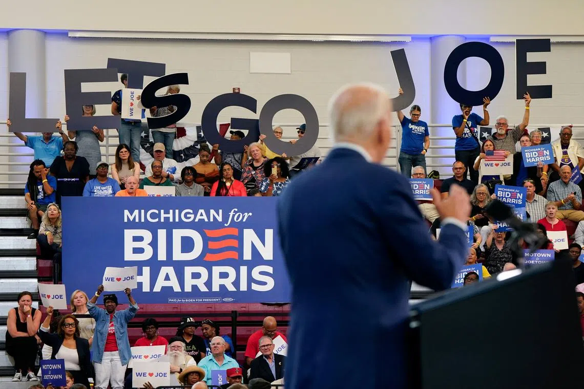 Supporters of U.S. President Joe Biden listen to him speak during a campaign event at Renaissance High School in Detroit, Michigan, U.S., July 12, 2024. Reuters/Elizabeth Frantz/File Photo