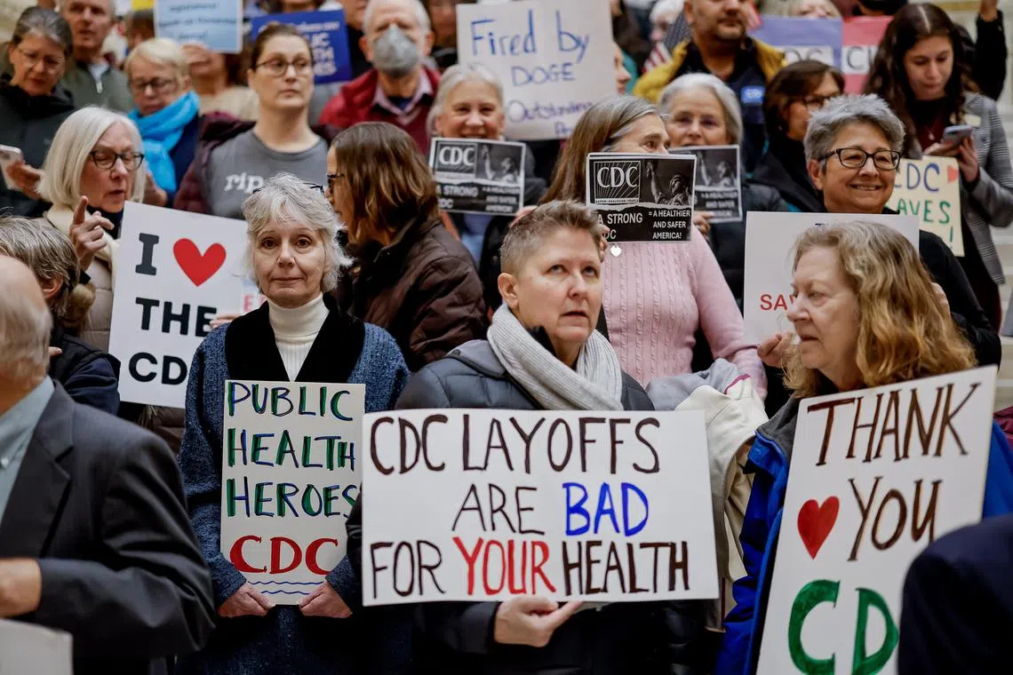 A protest at the Georgia State Capitol on Feb 21 in support of workers laid off at the Centres for Disease Control and Prevention.