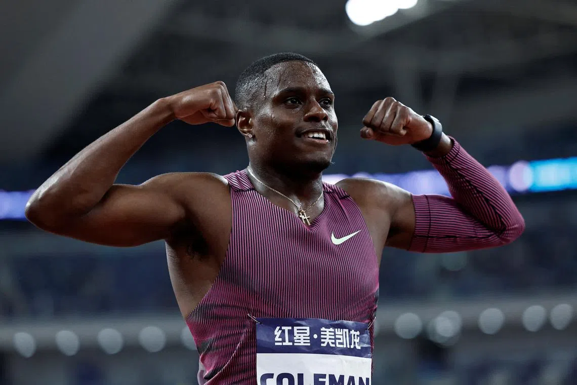 FILE PHOTO: Athletics - Diamond League - Xiamen - Xiamen Egret Stadium, Xiamen, China - April 20, 2024 Christian Coleman of the U.S. celebrates after winning the men's 100m final REUTERS/Tingshu Wang/File Photo