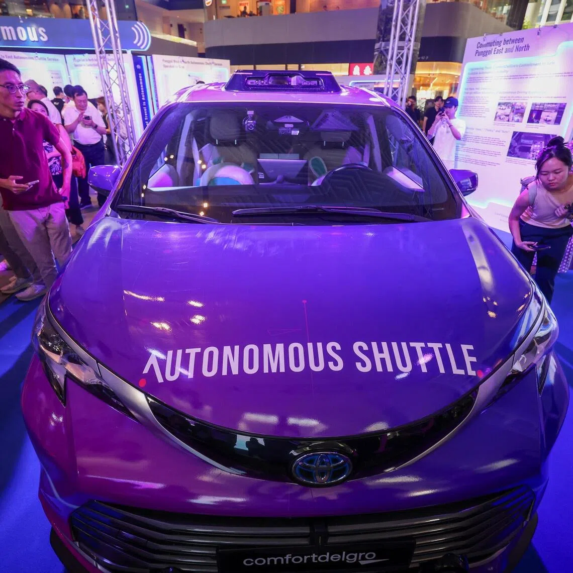 A self-driving shuttle at a public roadshow at Punggol Digital District on Sept 20.