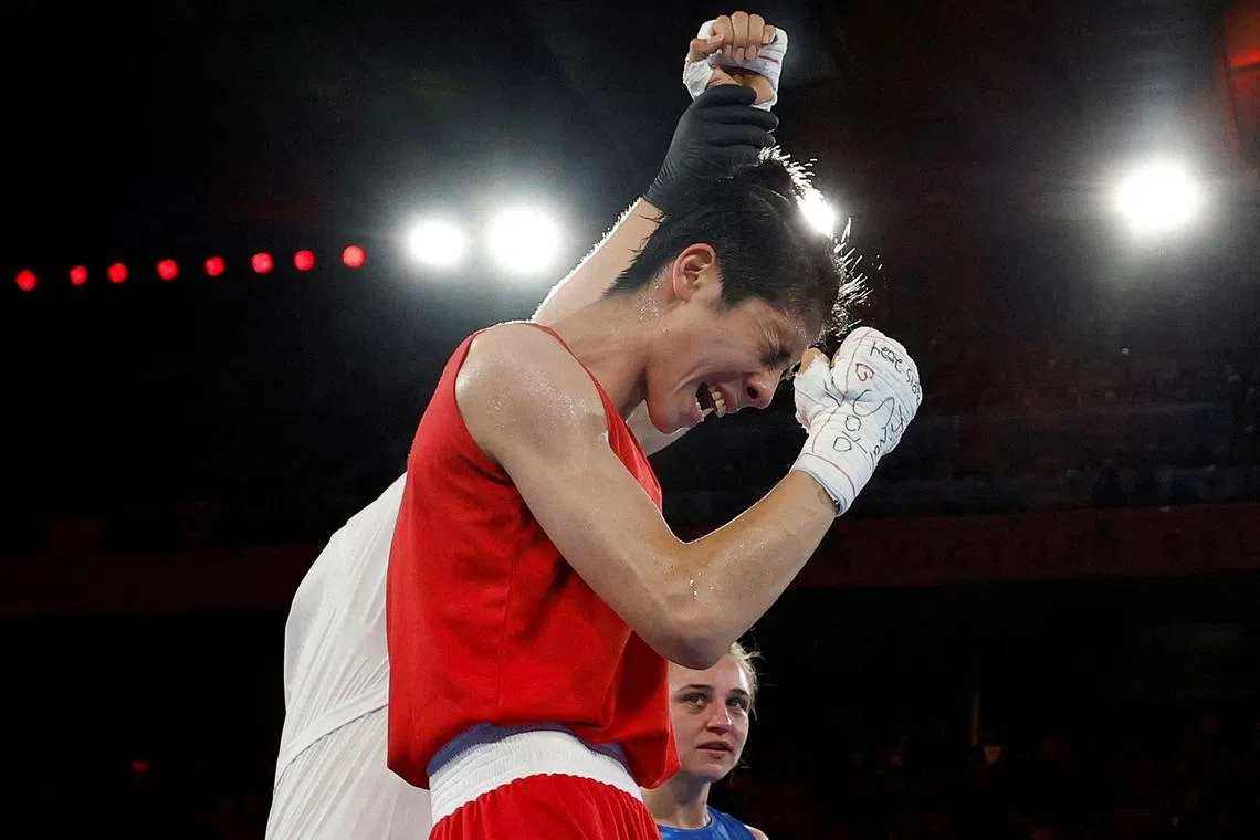 FILE PHOTO: Paris 2024 Olympics - Boxing - Women's 57kg - Final - Roland-Garros Stadium, Paris, France - August 10, 2024. Yu Ting Lin of Taiwan celebrates winning against Julia Szeremeta of Poland. REUTERS/Peter Cziborra/File Photo