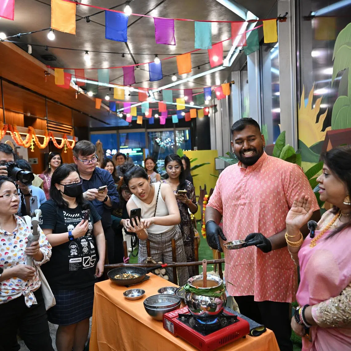 Chef Annil Ravindran demonstrating how to prepare pongal, the festival's namesake dish, at a media preview of the Pongal Open House in Little India on Jan 4..