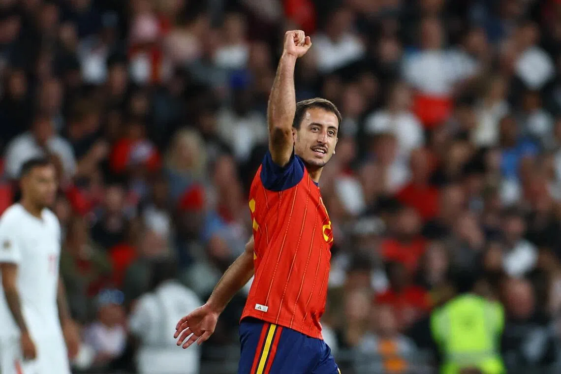 Mikel Oyarzabal celebrating after scoring the winning goal for Spain against England in the Nations League on Sept 26.