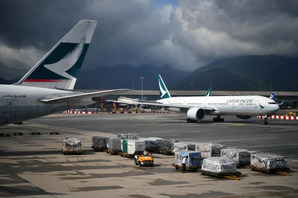 Cathay Pacific aeroplanes at Hong Kong International Airport on July 7, 2019.