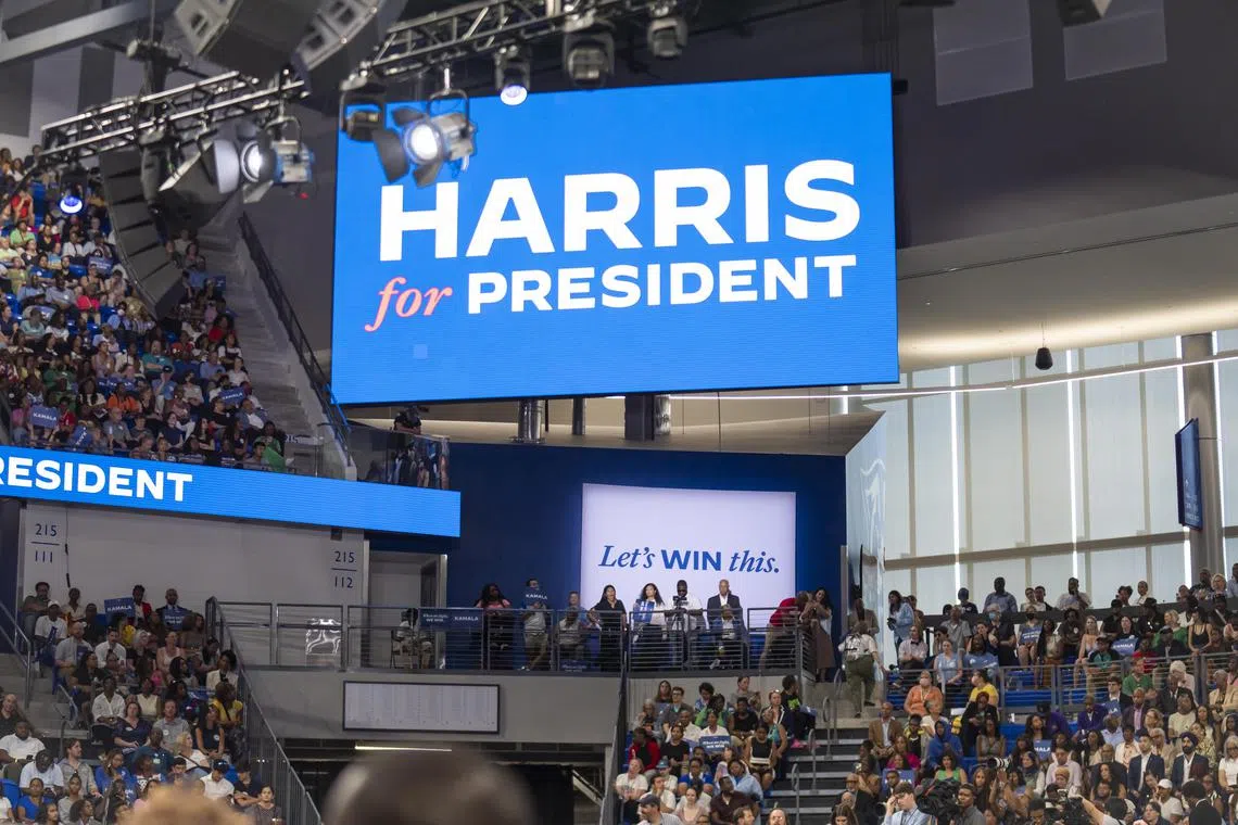 Supporters at a a rally with Vice President Kamala Harris, the presumptive Democratic nominee for president, in Atlanta on Tuesday, July 30, 2024. Harris has won enough delegates to secure the Democratic PartyÕs nomination, the Democratic National Committee said on Friday. (Nicole Craine/The New York Times)