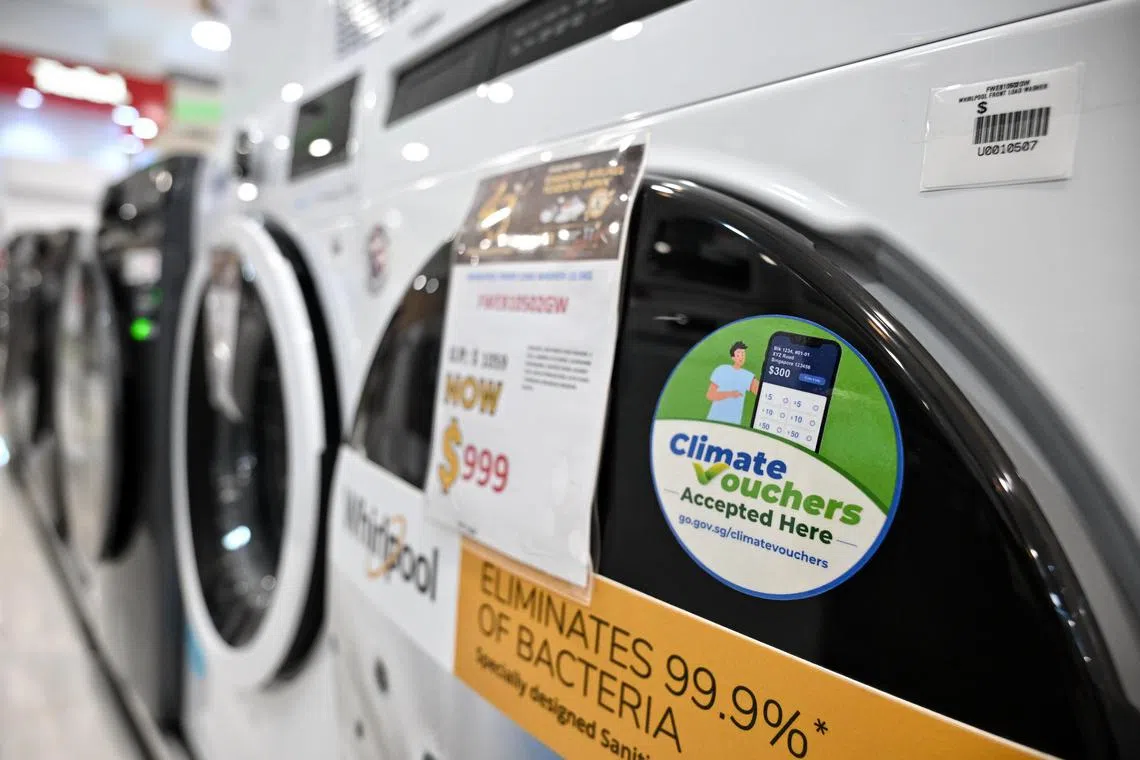 ST20240415_202455915437 Kua Chee Siong/ lynea/ Energy- efficient appliances that are labelled with the enhanced Climate Friendly Households Programme (CFHP) stickers in the Gain City outlet at Marina Square, on April 15, 2024. The enhanced CFHP is to encourage energy and water efficiency among households. All HDB households will receive $300 worth of Climate Vouchers, to purchase 10 types of energy- and water-efficient household products at more than 300 participating stores island-wide.