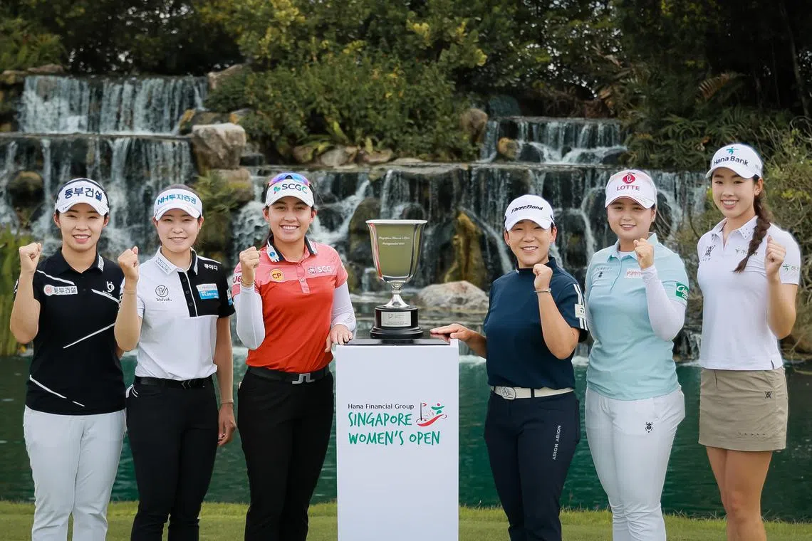 From left: Golfers Kim Su-ji, Park Min-ji, Atthaya Thitikul, Shin Ji-yai, Choi Hye-jin and Yealimi Noh pose after the media conference for the Hana Financial Group Singapore Women's Open at the Tanah Merah Country Club on Wednesday. 