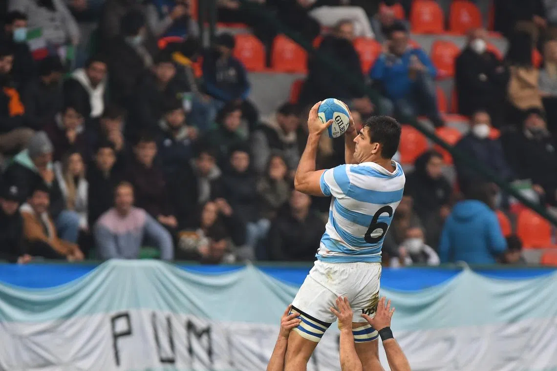 Rugby Union - Autumn International - Italy v Argentina - Stadio Comunale di Monigo, Treviso, Italy - November 13, 2021 Argentina's Pablo Matera jumps in a line-out REUTERS/Massimo Pinca/File Photo