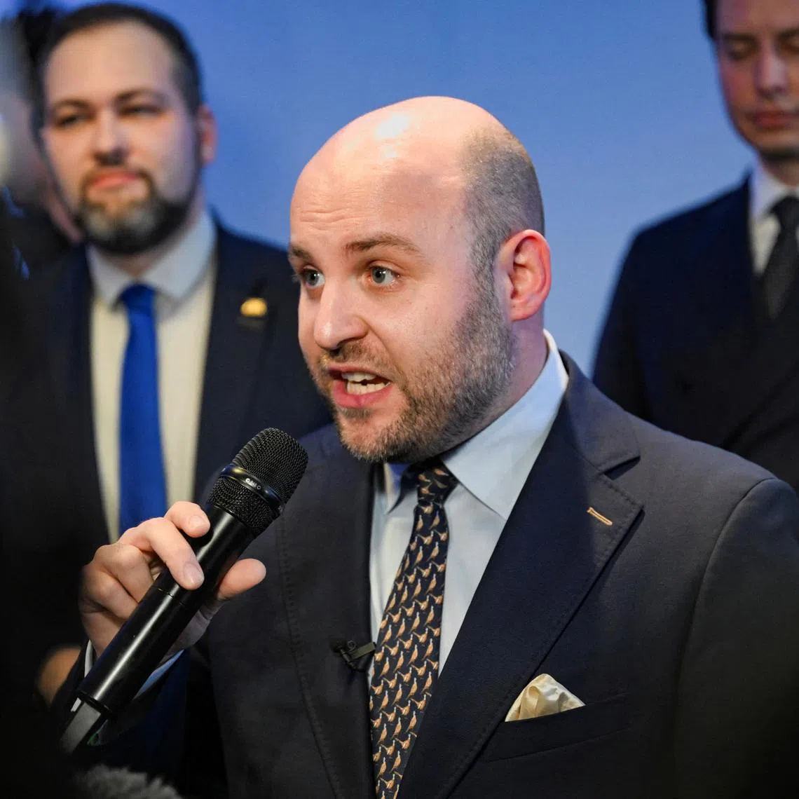 Markus Frohnmaier, top candidate of the far-right Alternative for Germany (AfD) party in Germany's Baden-Wuerttemberg state election, speaks following the first election polls, in Stuttgart, Germany, March 8, 2026. REUTERS/Jana Rodenbusch