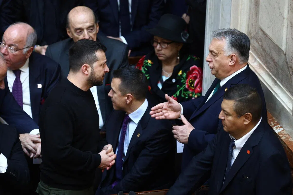 Ukrainian President Volodymyr Zelensky (left) and Hungarian Prime Minister Viktor Orban exchange words in Argentina, during the inauguration of President Javier Milei.