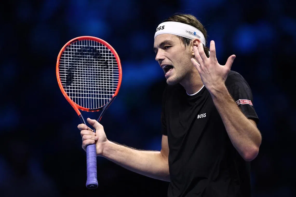 Tennis - ATP Finals - Inalpi Arena, Turin, Italy - November 10, 2024 Taylor Fritz of the U.S. reacts during his group stage match against Russia's Daniil Medvedev REUTERS/Guglielmo Mangiapane/File Photo