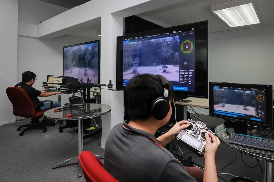 The remote piloted drone using a 5G network being demonstrated during the 5G Sentosa Trial media showcase by HTX and DSTA on Sentosa, July 12, 2023.