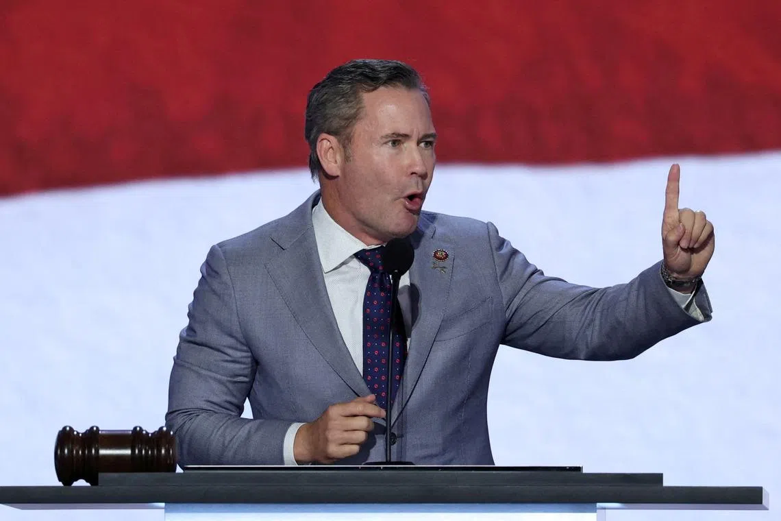 FILE PHOTO: Congressman Mike Waltz speaks on Day 1 of the Republican National Convention (RNC) at the Fiserv Forum in Milwaukee, Wisconsin, U.S., July 15, 2024. REUTERS/Mike Segar/File Photo